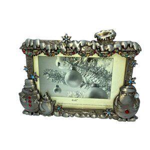 Santa & Snowman Christmas 4x6 Picture Frame Metal Finish Holiday Decor